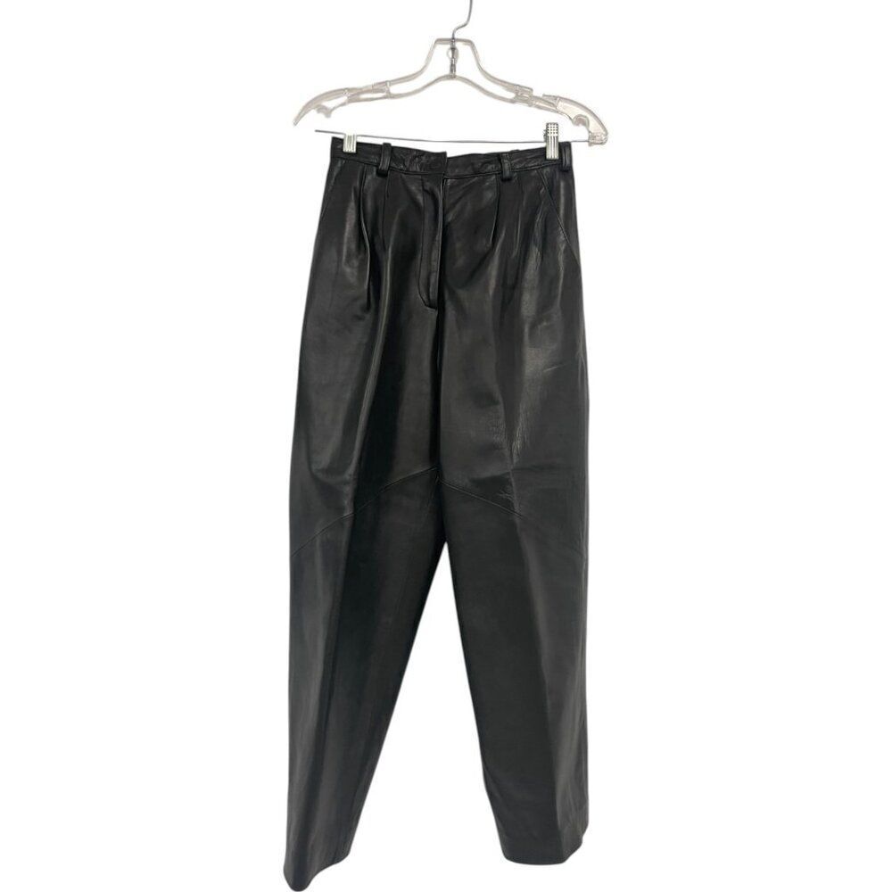 Vakko Vinatge 80s Womens Leather Pants US 8 Black Pleated Straight Leg high rise